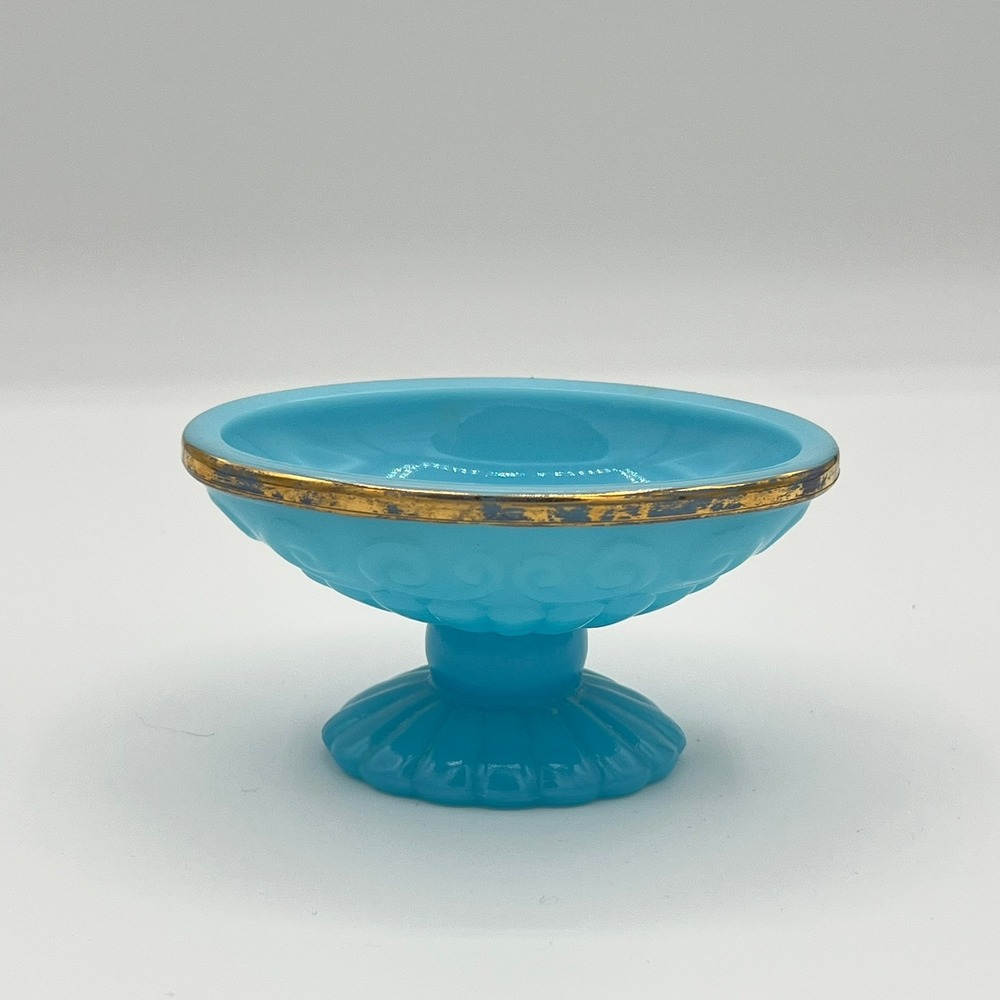 Vintage Avon Bristol Blue Opaline Glass Pedestal Soap Dish Gold Trim